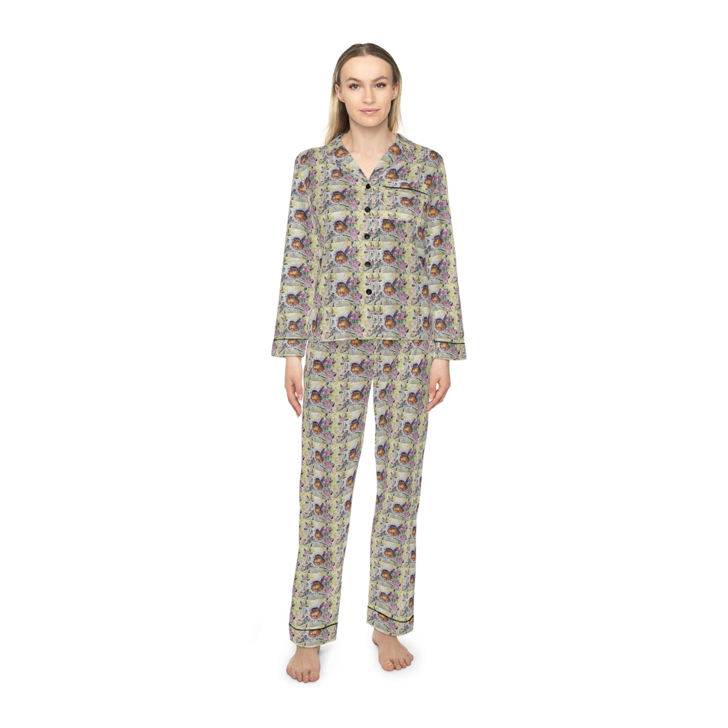 Women's Satin Pajamas — Luxurious All-Over Print Sleepwear-Robin in Cherry Blossoms