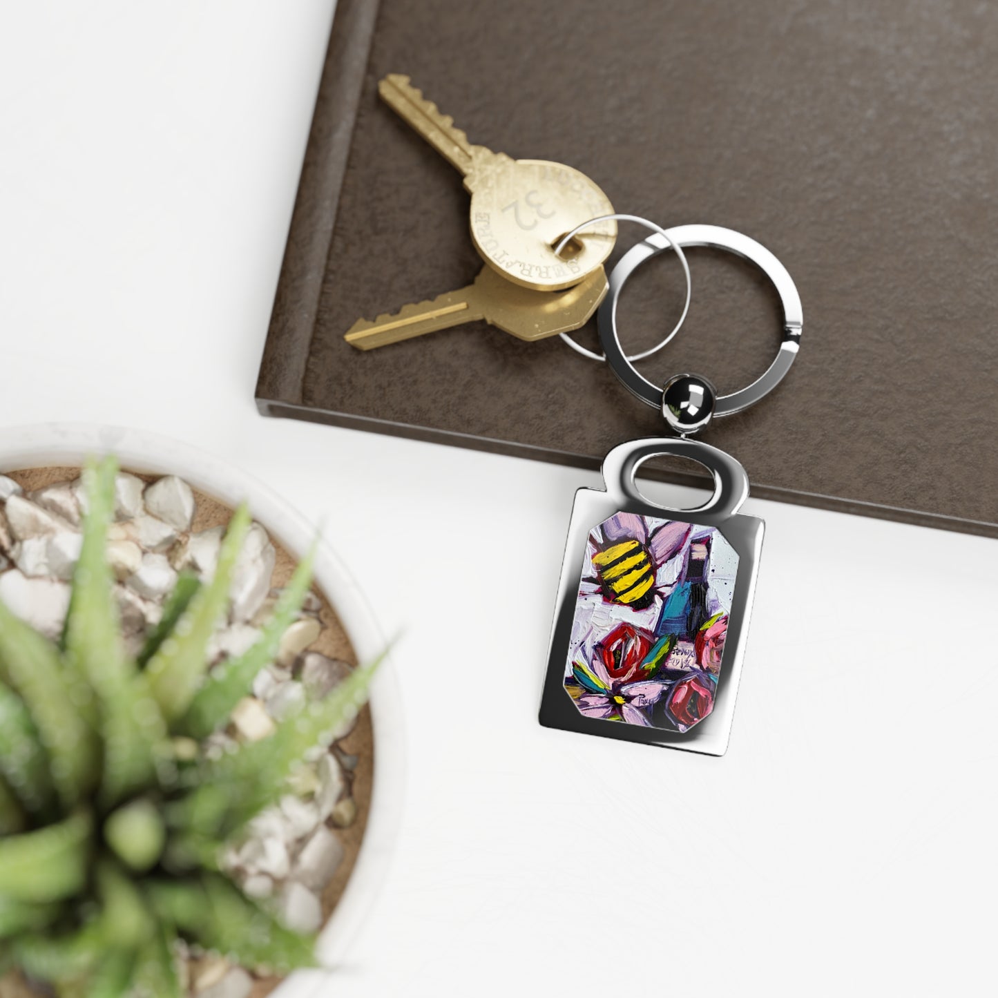 Bee Happy Rectangle Photo Keyring