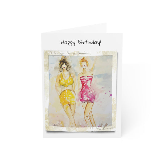 Back in the Day Beach Babes -Happy Birthday (Blank inside) Folded Greeting Cards