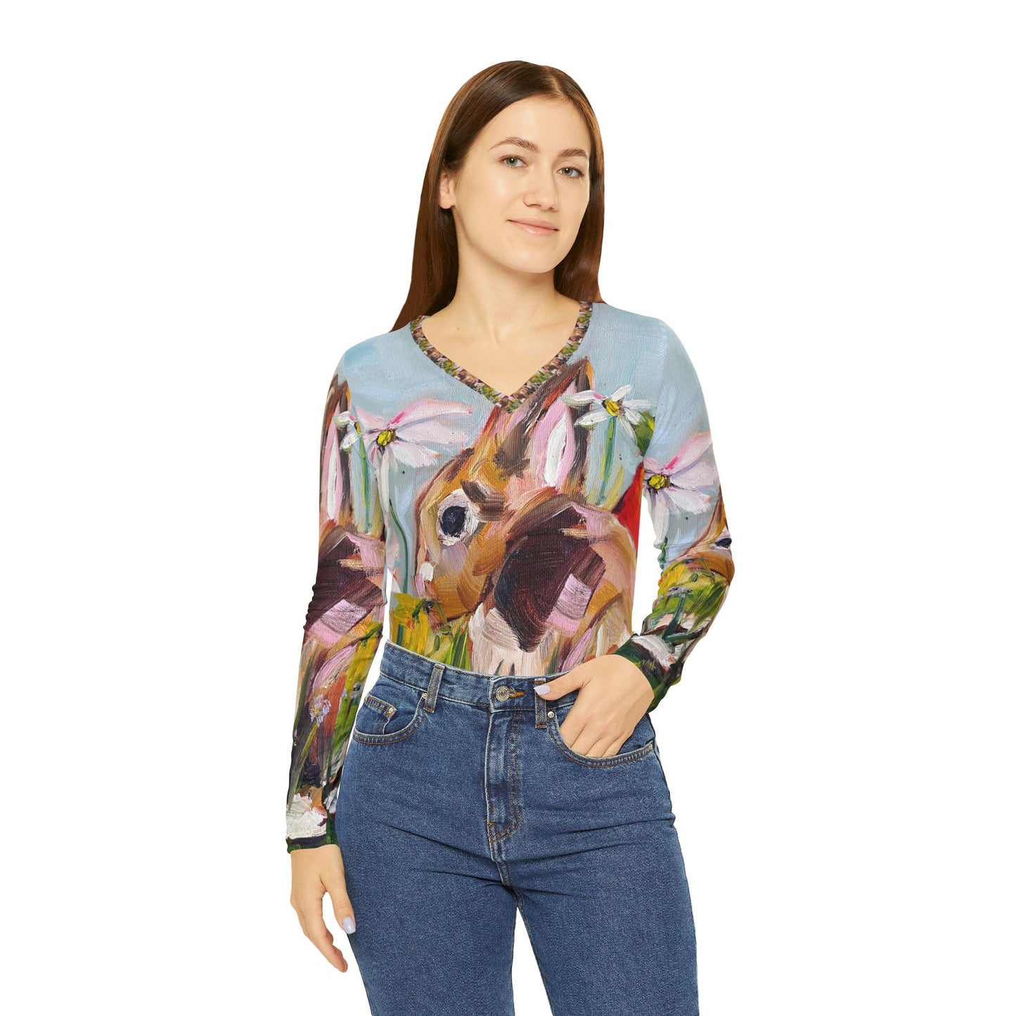 Long Sleeve Shirt- Bunny in the Garden- V-neck Women's