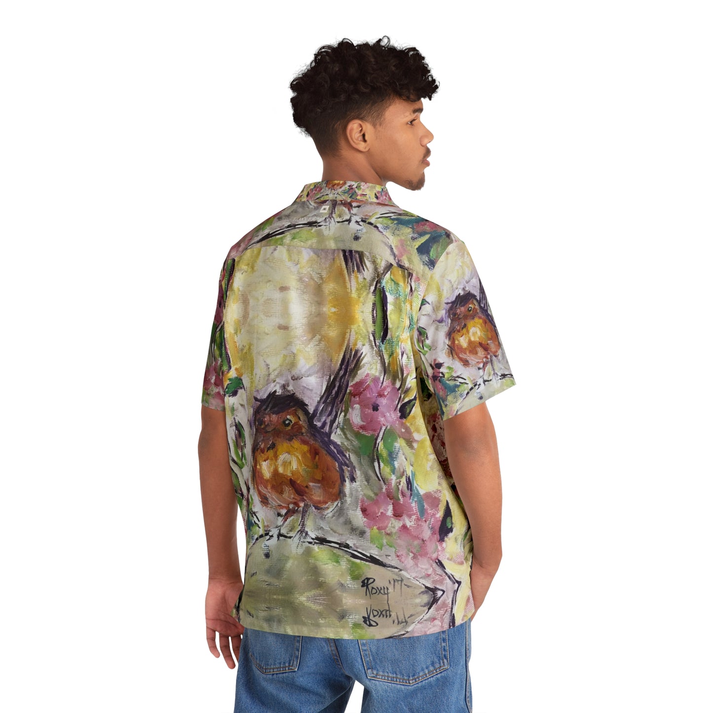 Men's Hawaiian Shirt- Robin in Cherry Blossoms