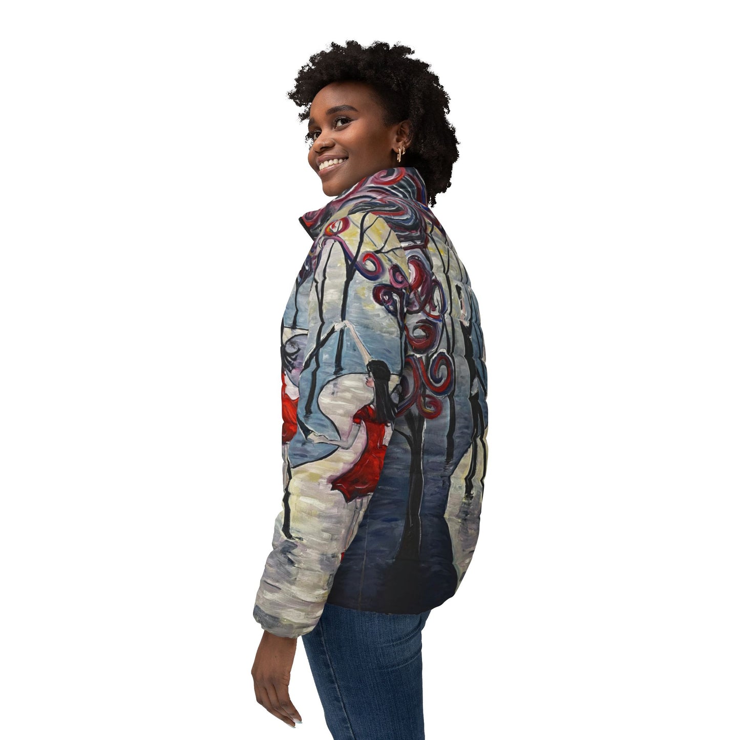 Women's Puffer Jacket - Roxy Rich Fine Art -Dancing in the Moonlight-Paris Couple