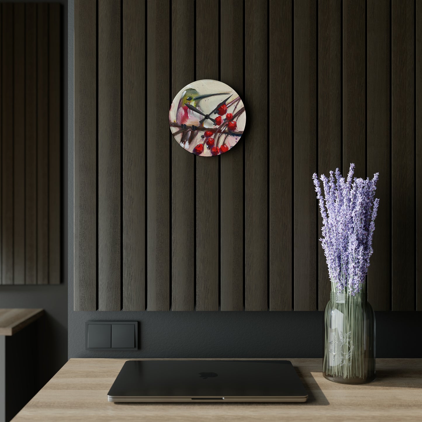 Hummingbird with Berries Acrylic Wall Clock