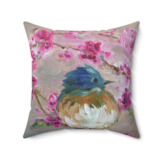 Almohada cuadrada de poliéster hilado para interiores con diseño de pájaro azul en flores de cerezo