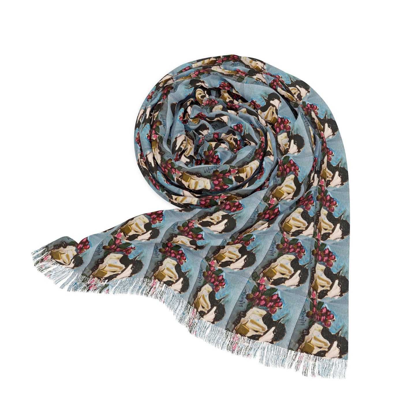 Colorful Scarf — Artistic Lightweight Neck Wrap- Chickadee with Pink Berries