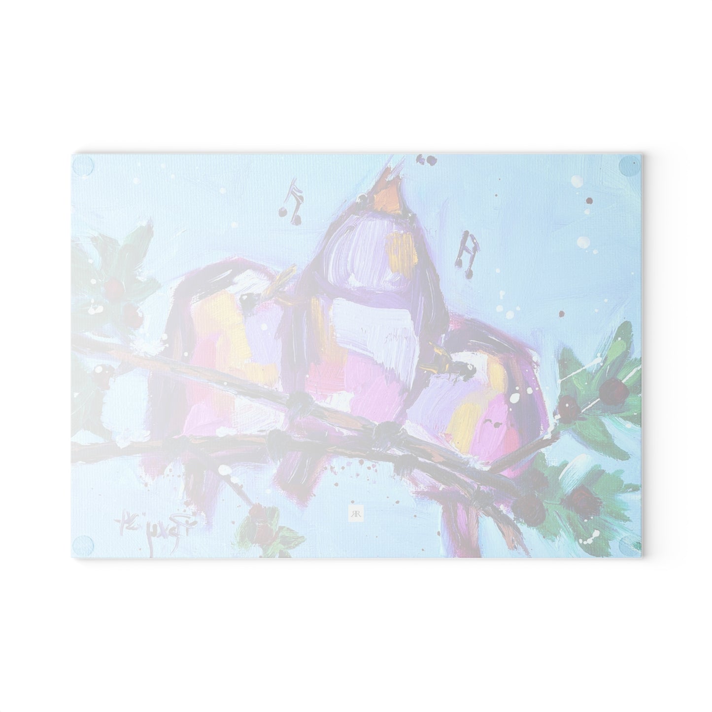 Glass Cutting Board-Fa La La -Whimsical Chirpy Birds Perched on a Snowy Branch with Berries