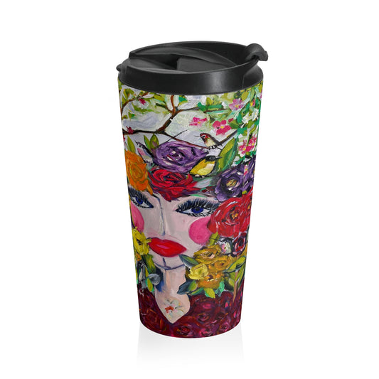 Tasse de voyage en acier inoxydable oiseaux et fleurs