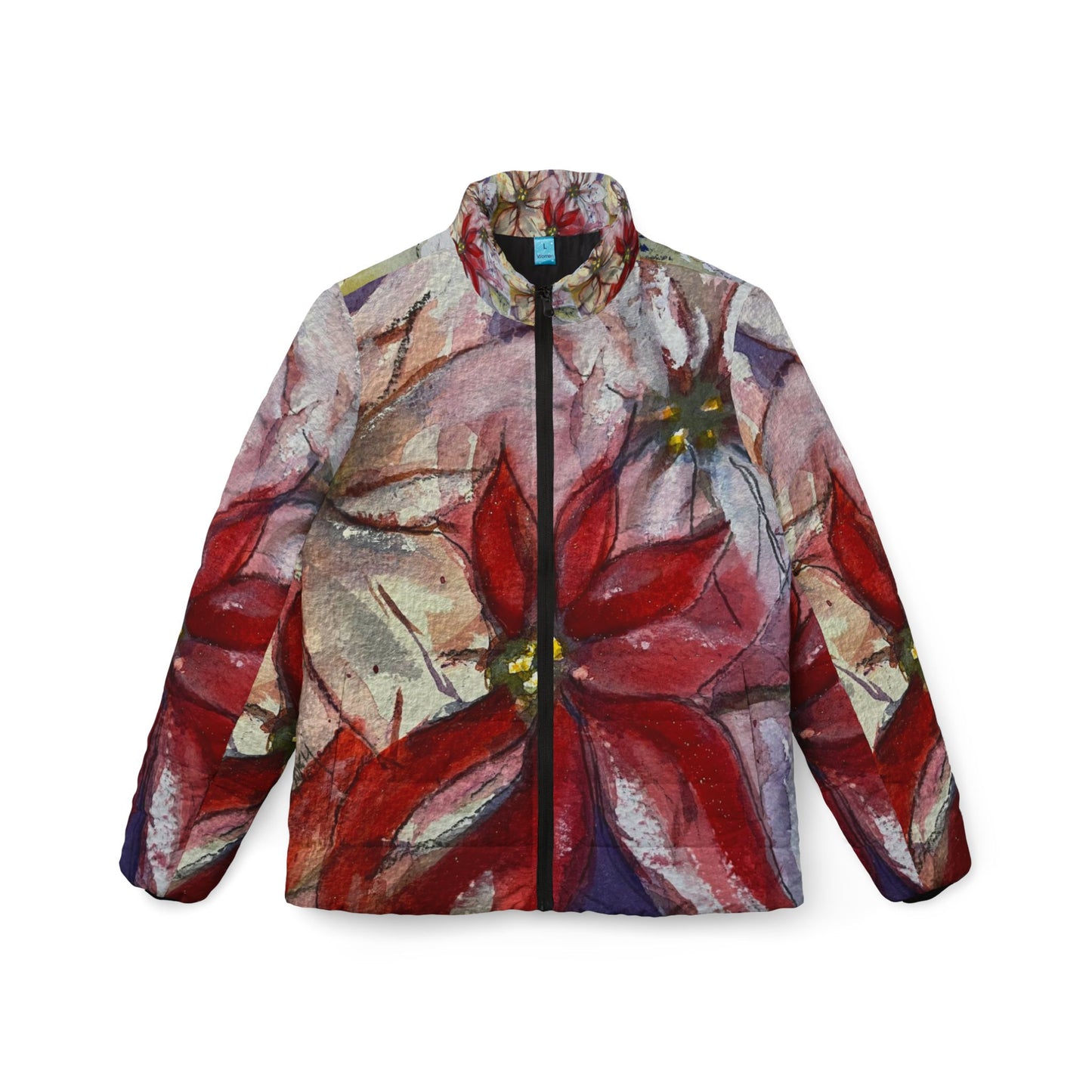 Women's Puffer Jacket - Roxy Rich Fine Art Design-Poinsettias