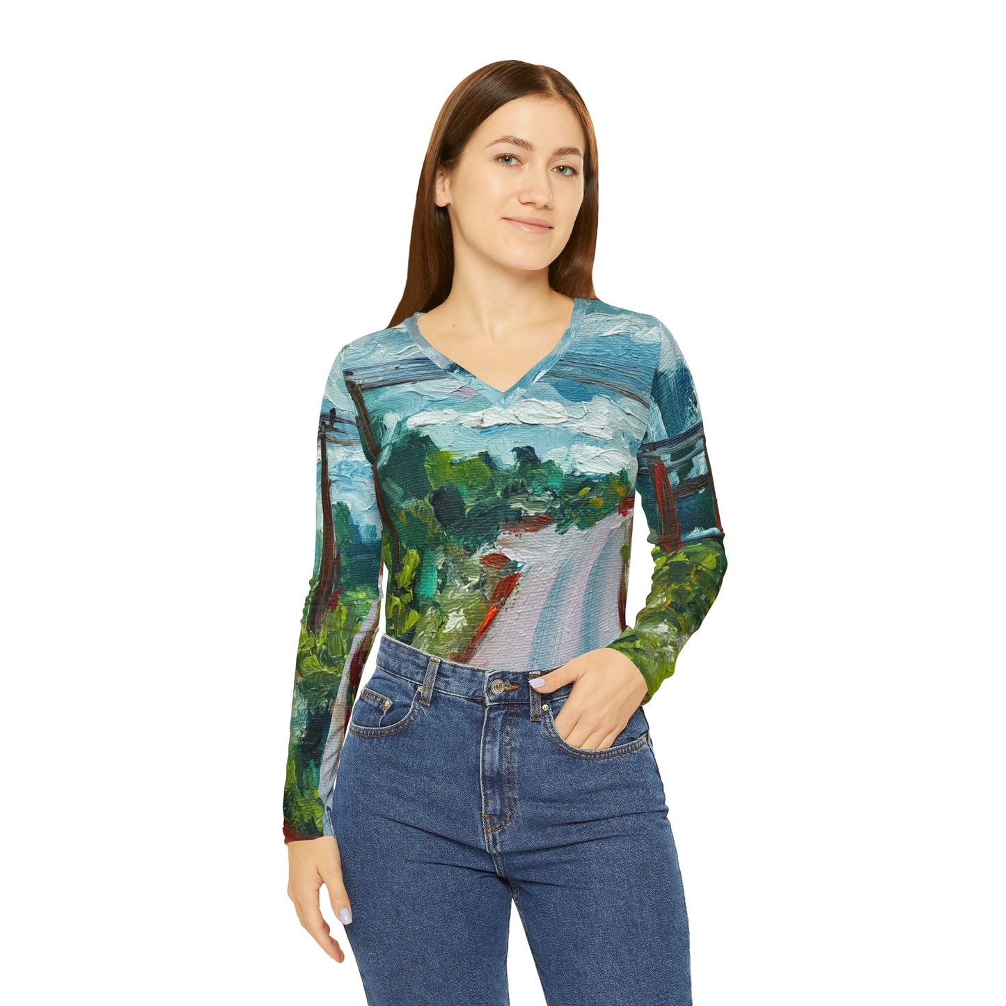 Women's Long Sleeve V-neck Shirt -Road to Tranquility-Cotswolds