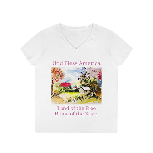 God Bless America- Land of the Free- Ladies' V-Neck T-Shirt