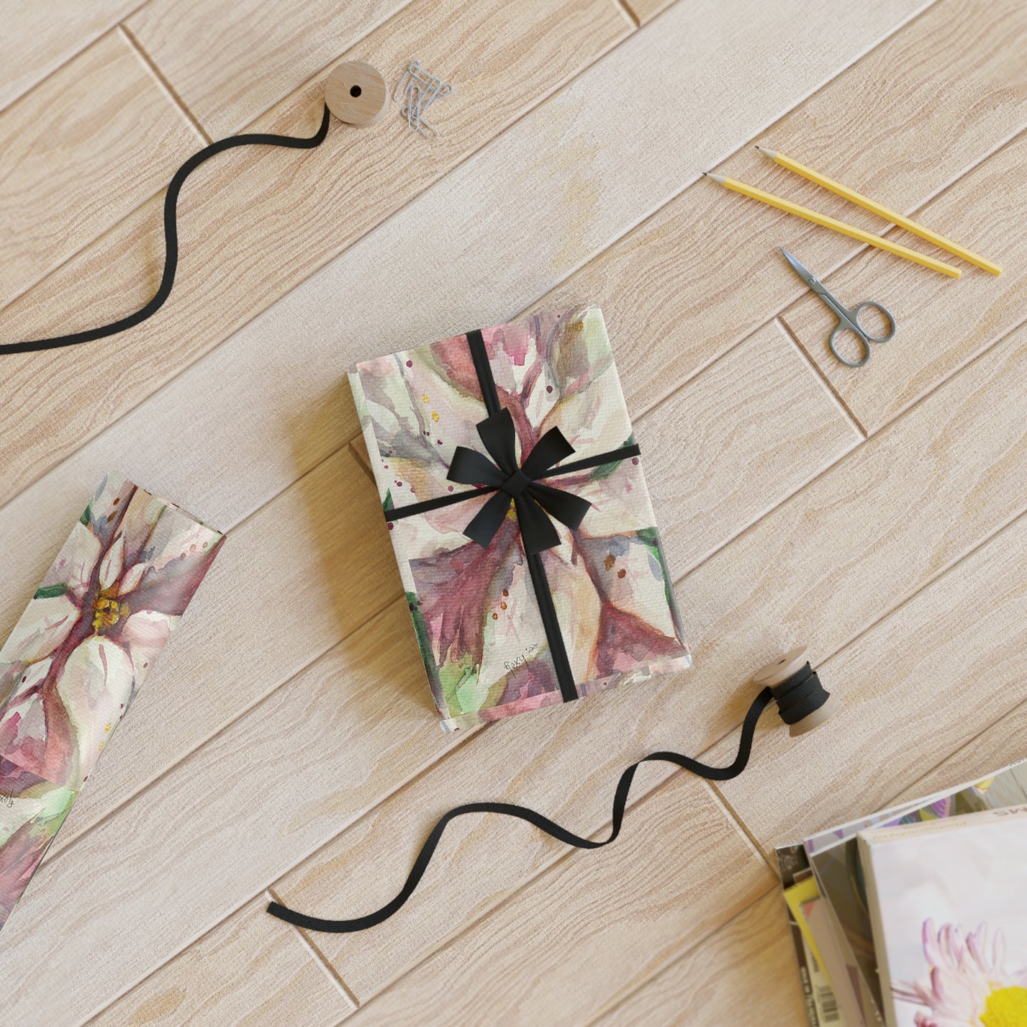 Flores de Pascua Blancas Sueltas Acuarela Único Papel de Envoltura para Regalos Navideños 1 pieza