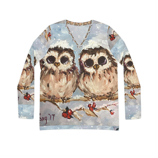 Long Sleeve Shirt-Adorable Snowy Owl Chicks- V-neck Women's