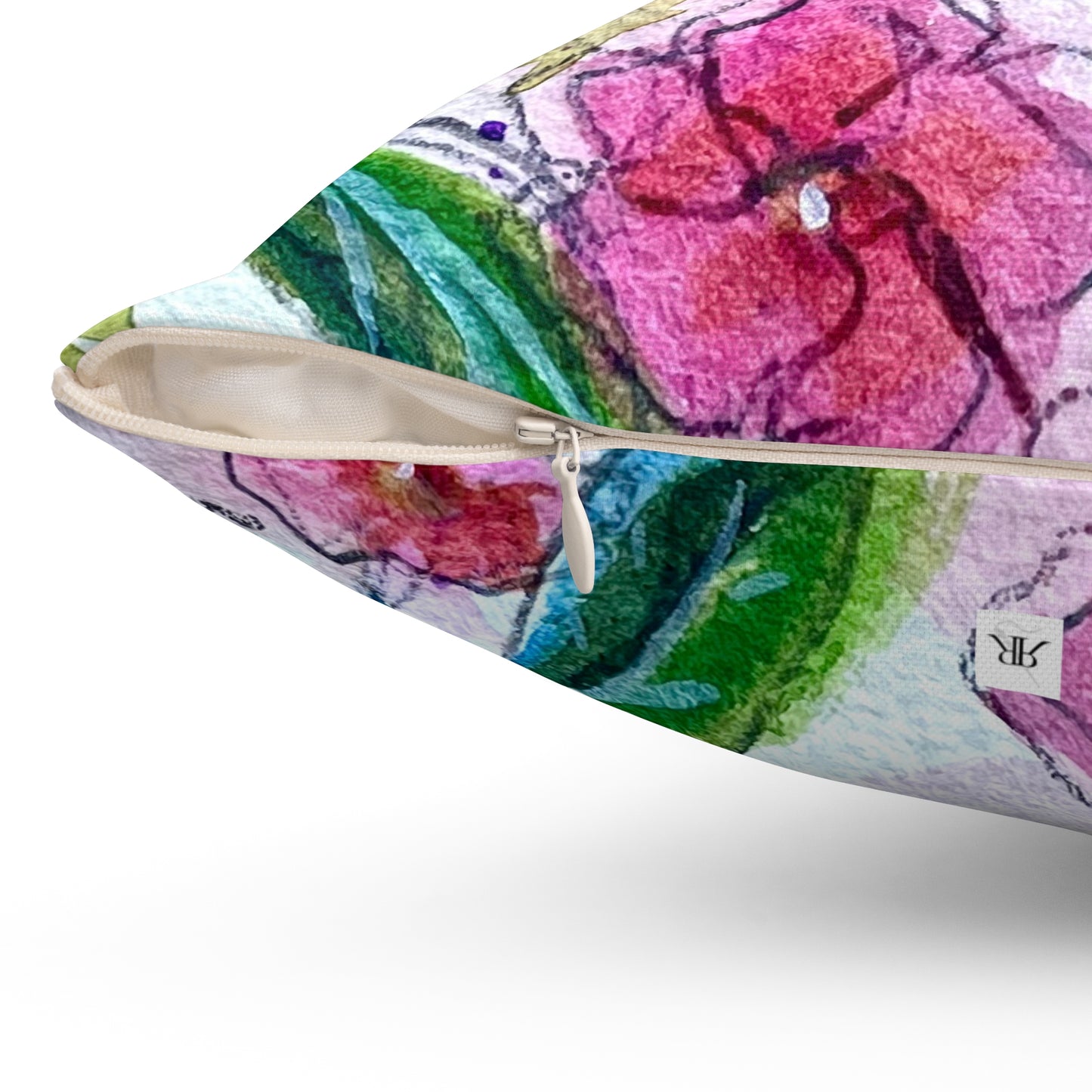 Annas Hummingbird with Pink Blossoms Throw Pillow — Bright Colorful Accent Pillow