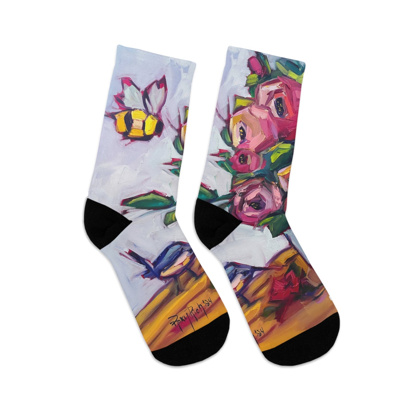 Bee Blooms Bee Roses and Birds Socks Black Socks