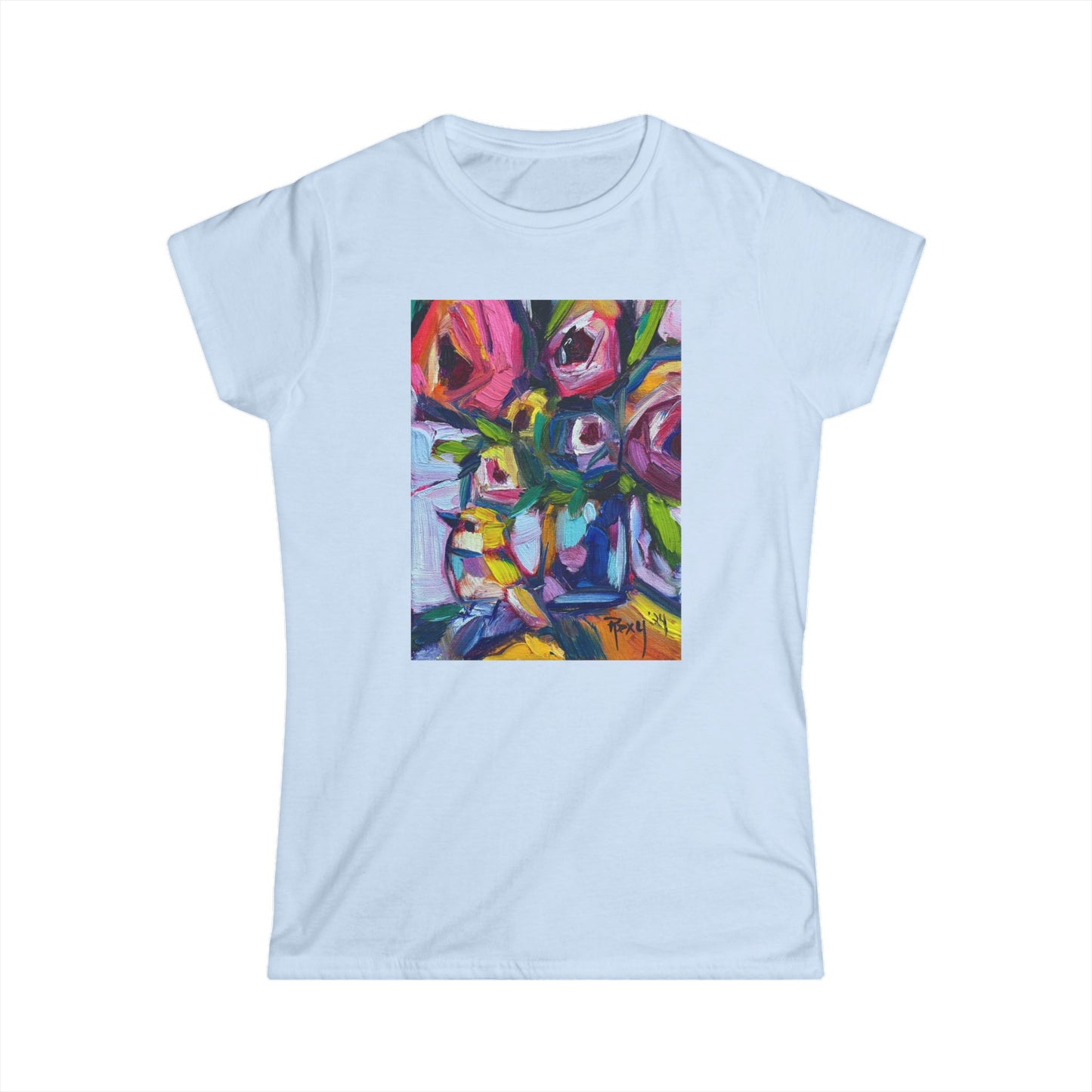 Abstract Roses and Yellow Bird Women's Softstyle  Semi-Fitted Tee