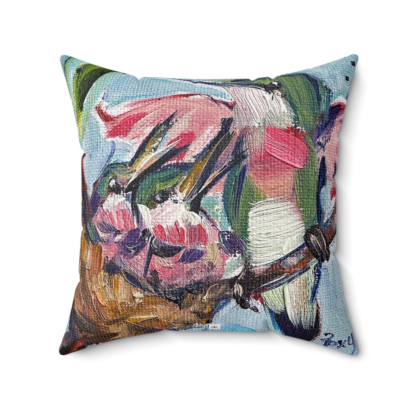 Hungry Hummers (Hummingbird at Nest with Babies) Indoor Spun Polyester Square Pillow