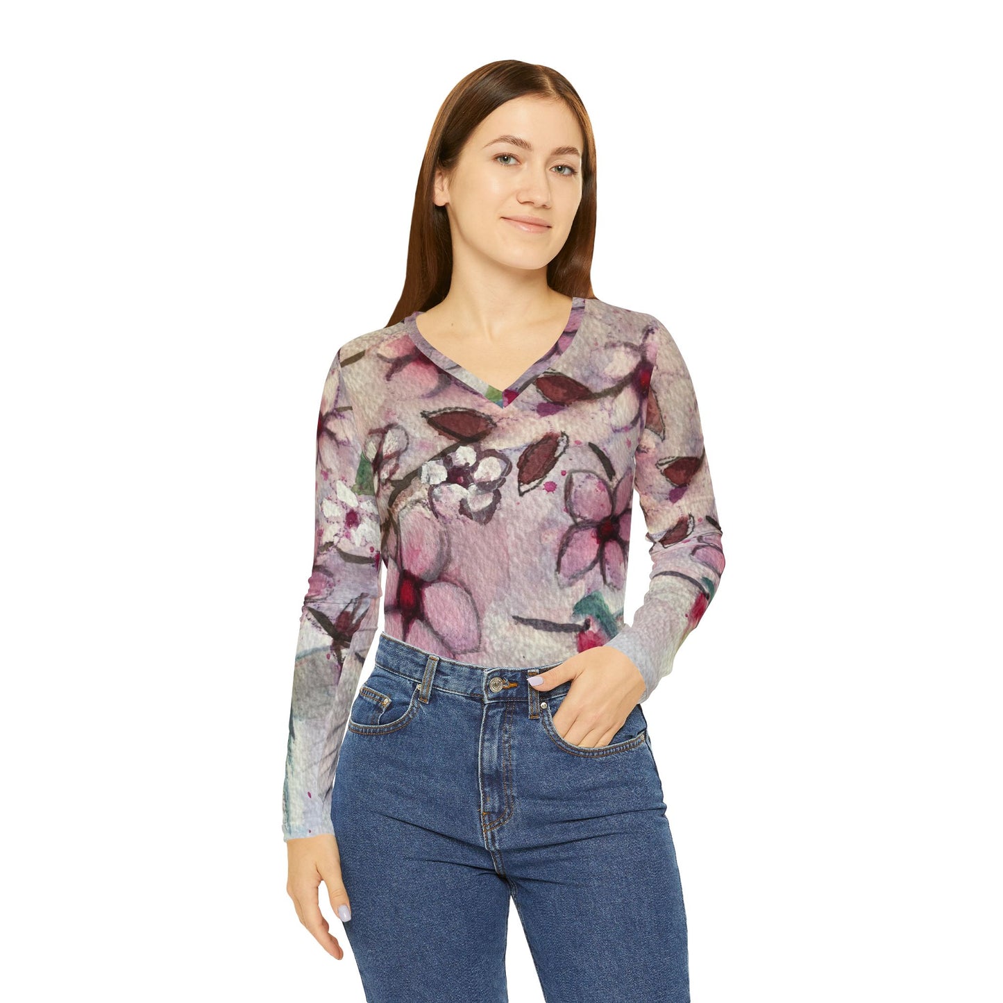 Long Sleeve Shirt-Hummingbird in Cherry Blossoms- V-neck Women's