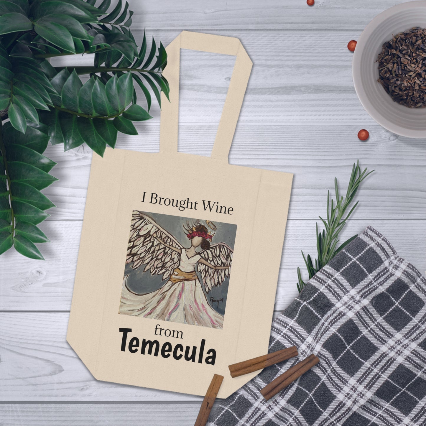 "I Brought Wine from Temecula" Double Wine Tote Bag featuring Angel Rising painting