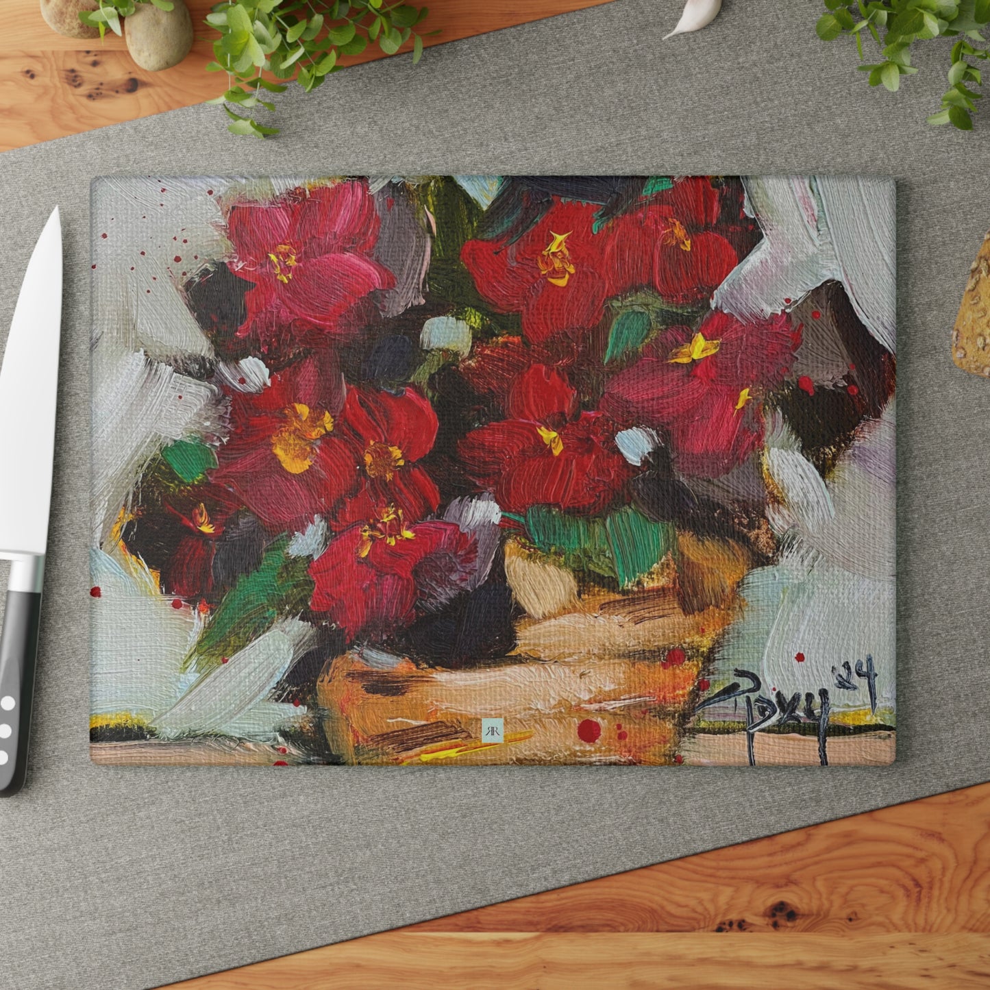 Wax Begonias in a Basket Glass Cutting Board