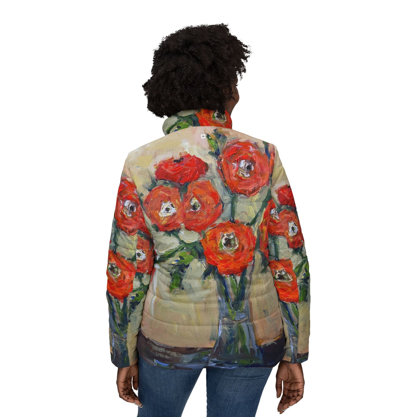 Women's Puffer Jacket - Roxy Rich Fine Art -Orange Ranunculas