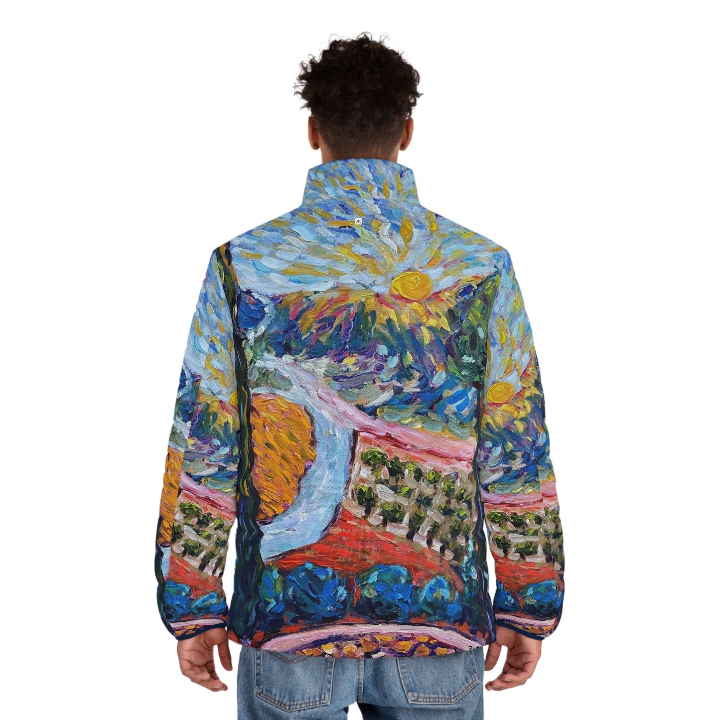Men's Puffer Jacket - Roxy Rich Art, Unique Bright Colors-Sunny Cypresses