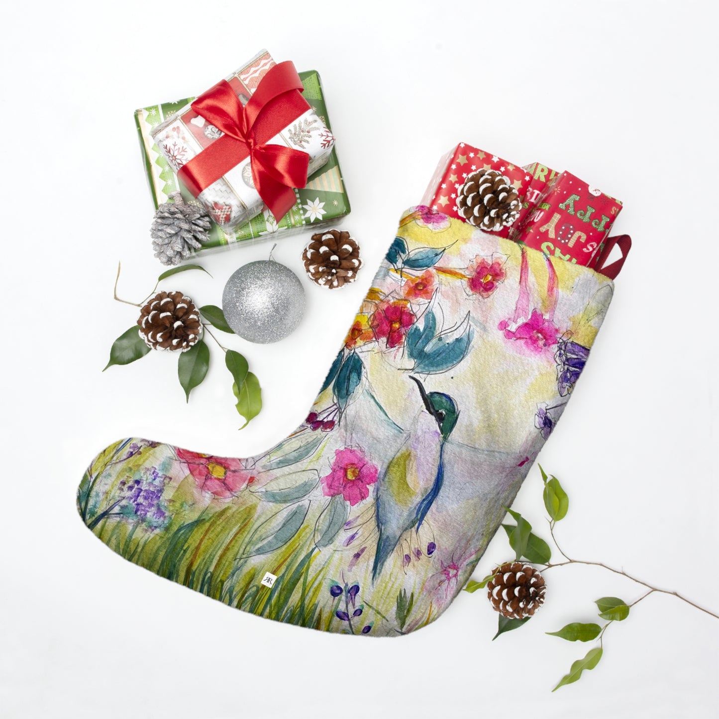 Hummingbird in a Tube Flower Garden Colorful Christmas Stocking