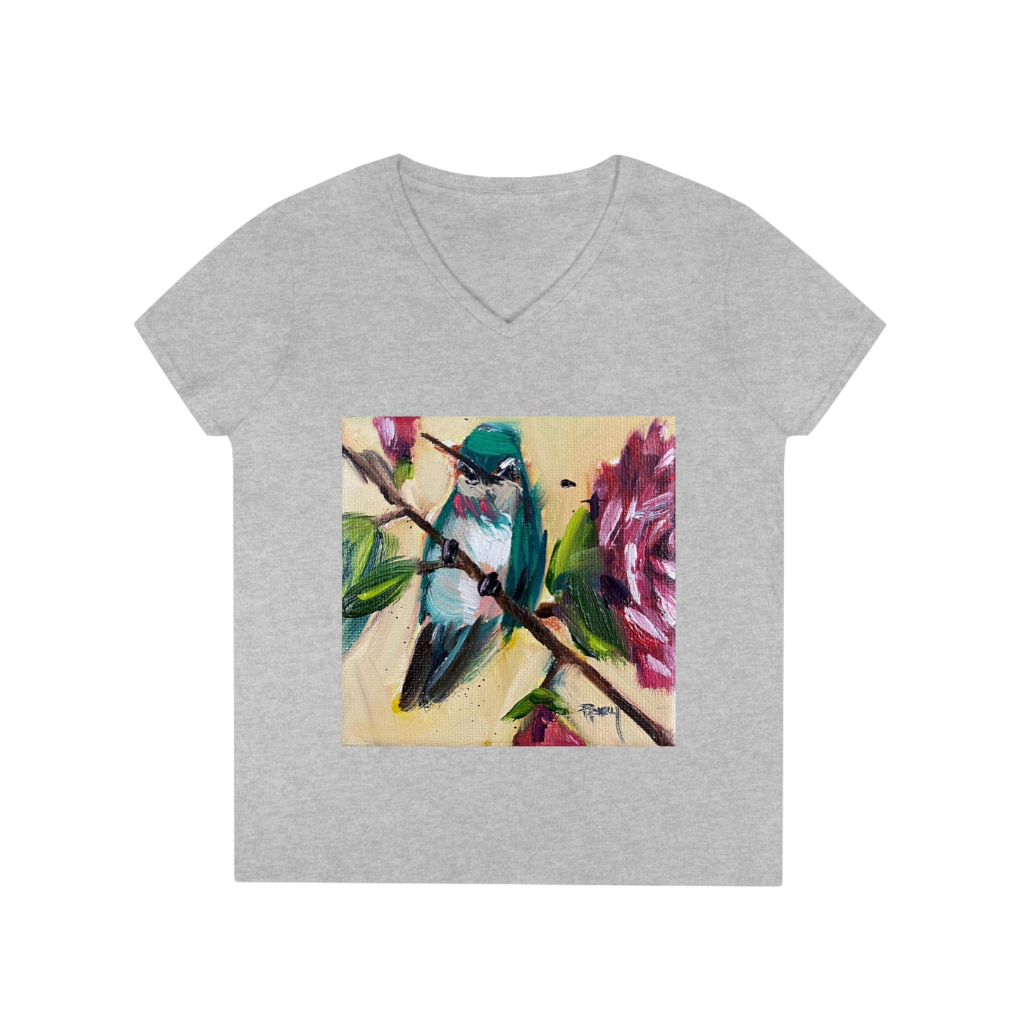 Hummingbird on a Rose Bush Ladies' V-Neck T-Shirt
