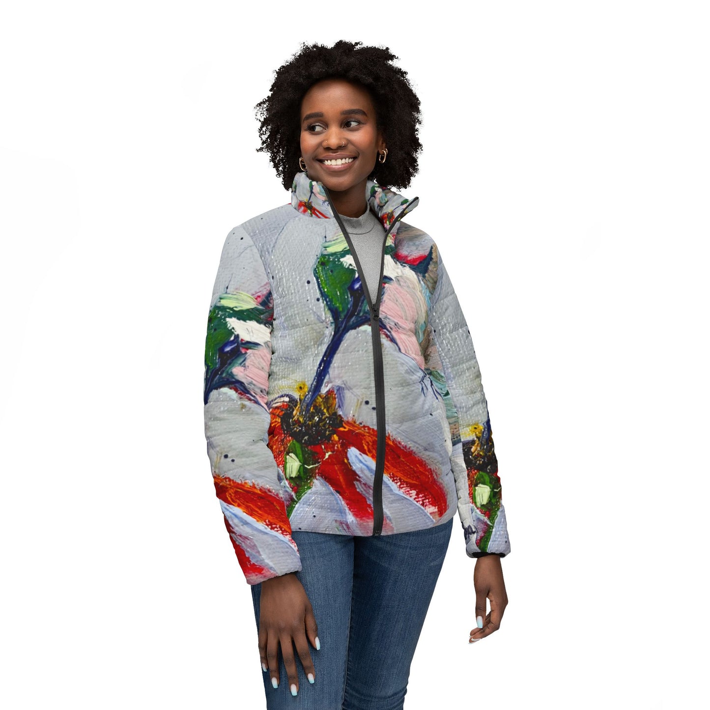 Women's Puffer Jacket - Roxy Rich Fine Art Design-Hummingbird at a Coneflower