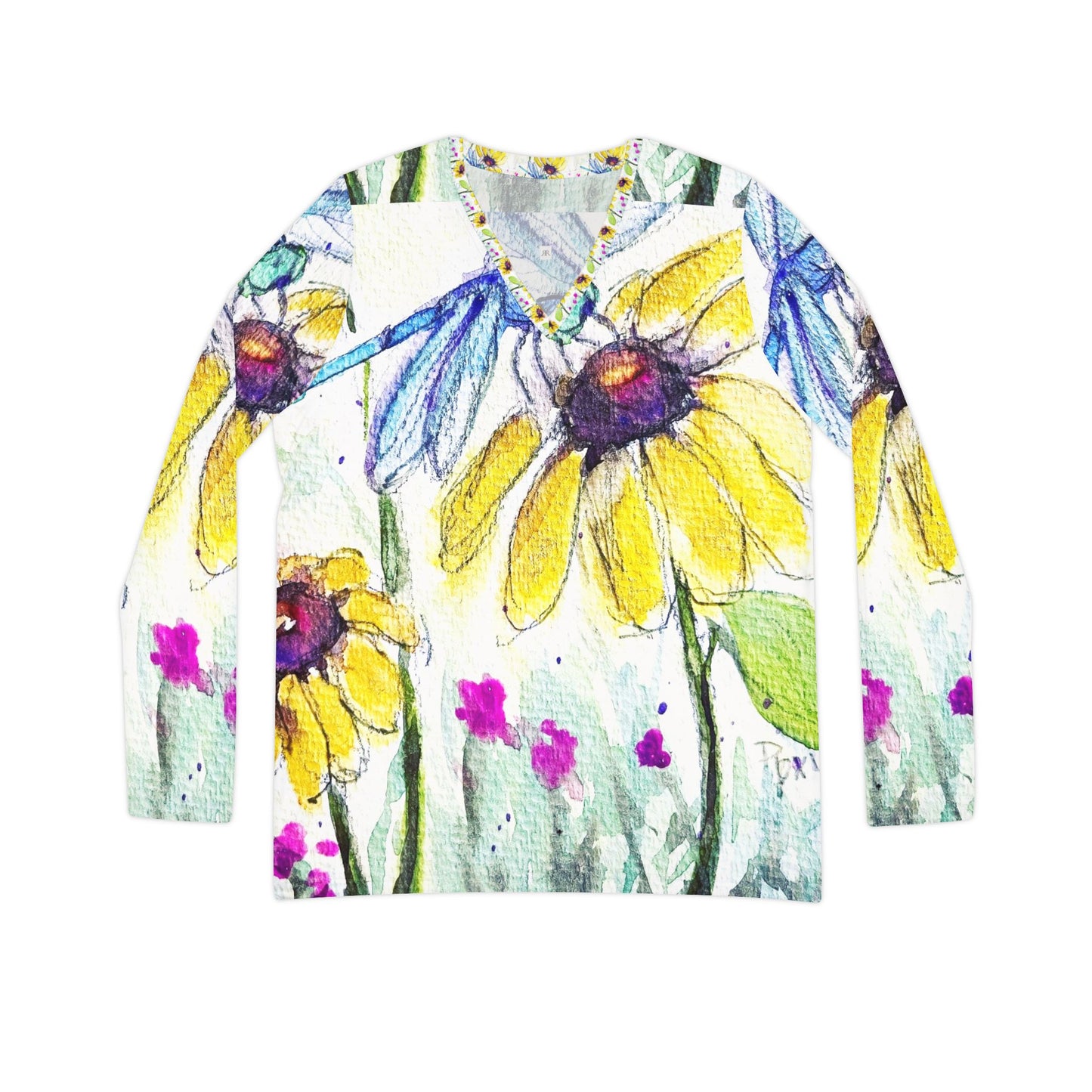 Long Sleeve Shirt- Dragonfly on a Cone Flower- V-neck Women's