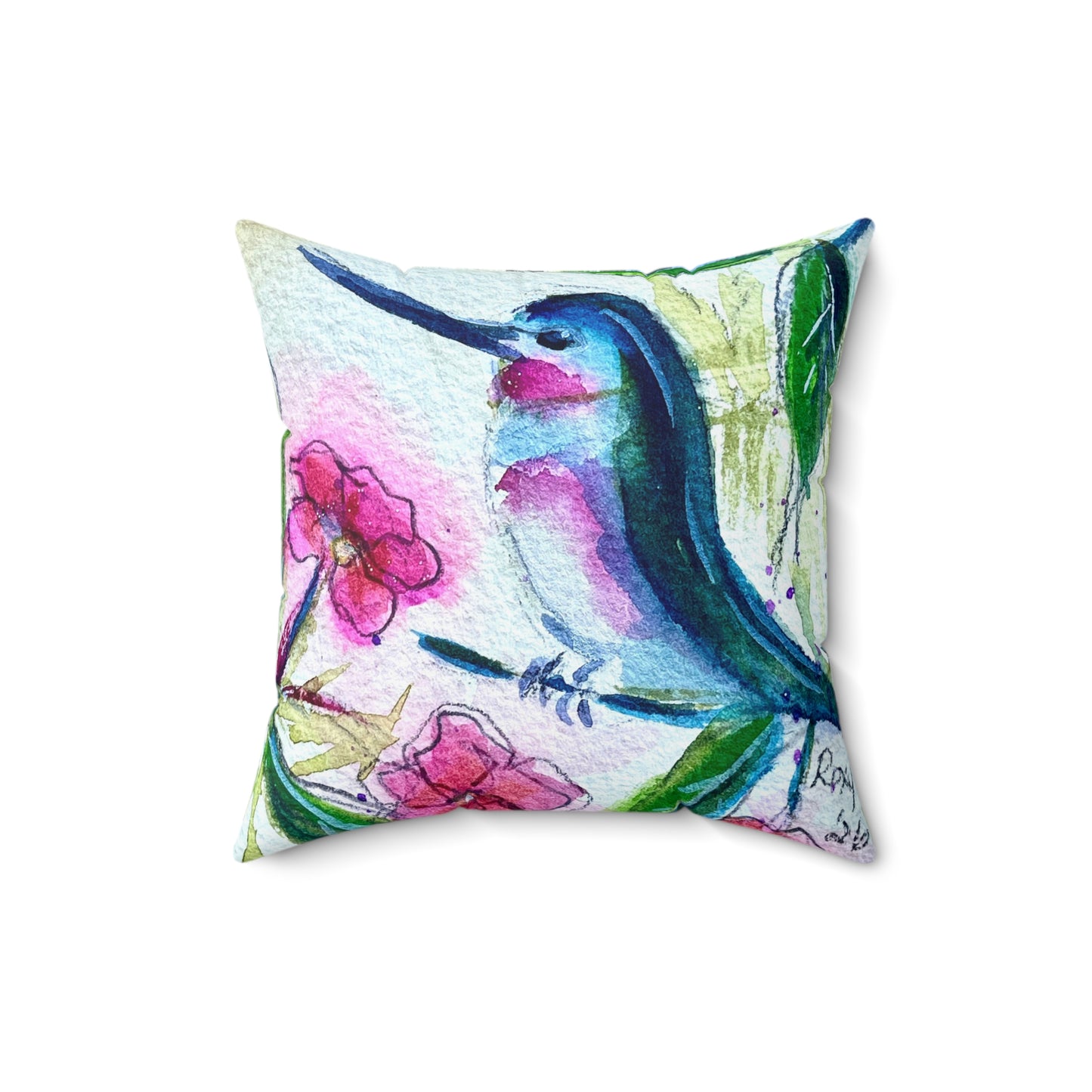 Annas Hummingbird with Pink Blossoms Throw Pillow — Bright Colorful Accent Pillow