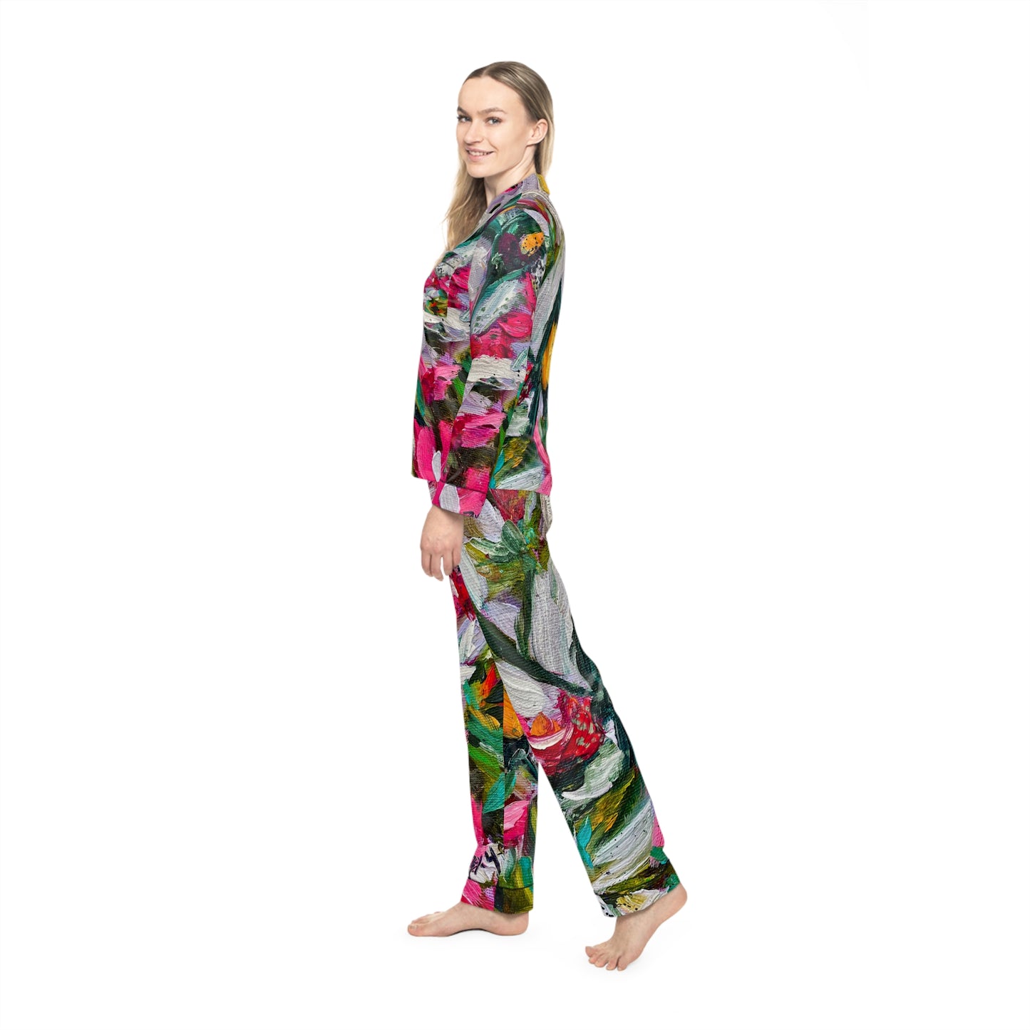 Satin Pajamas - Colorful Encounter Bird and Floral Print
