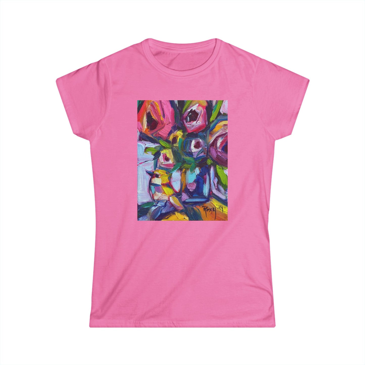 Abstract Roses and Yellow Bird Women's Softstyle  Semi-Fitted Tee