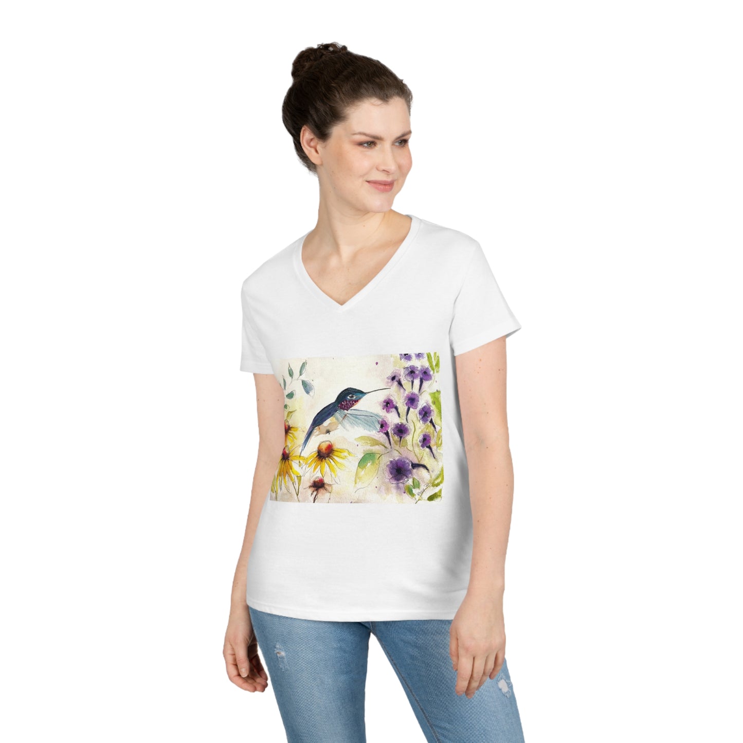 Happy Hummingbird Ladies' V-Neck T-Shirt