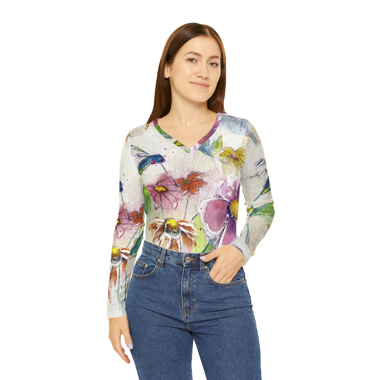 Long Sleeve Shirt- Hummingbird in the Garden- V-neck Women's