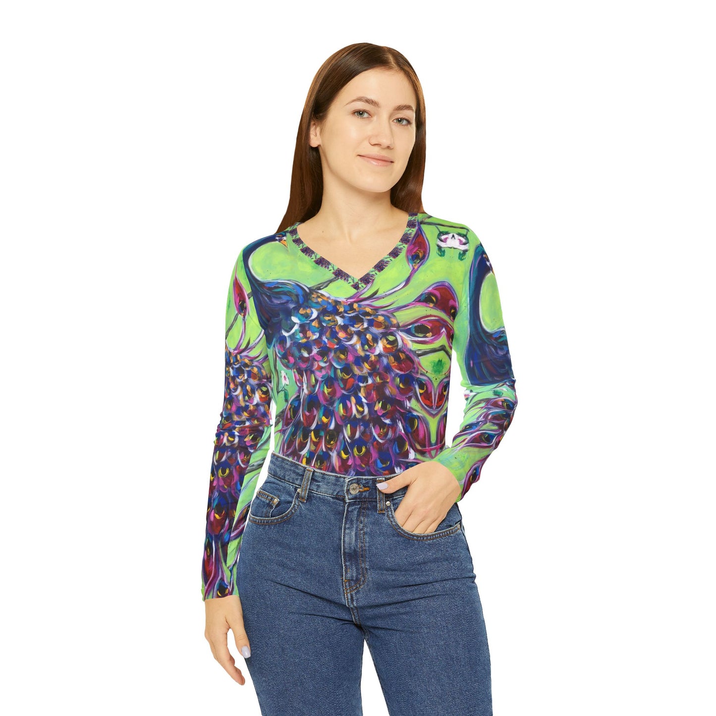 Long Sleeve Shirt- Royal Plumage Peacock- V-neck Women's