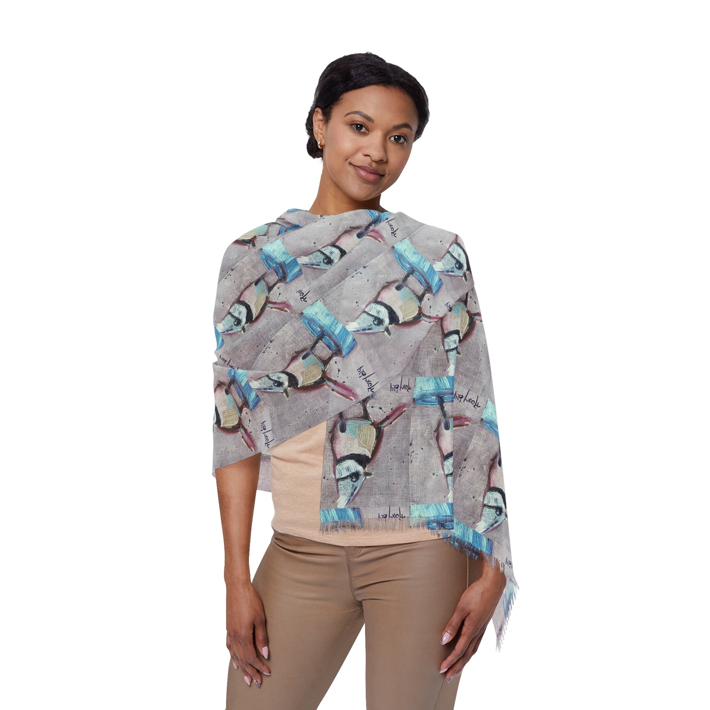 Colorful Scarf — Artistic Lightweight Neck Wrap- Adorable Crested Tit Bird