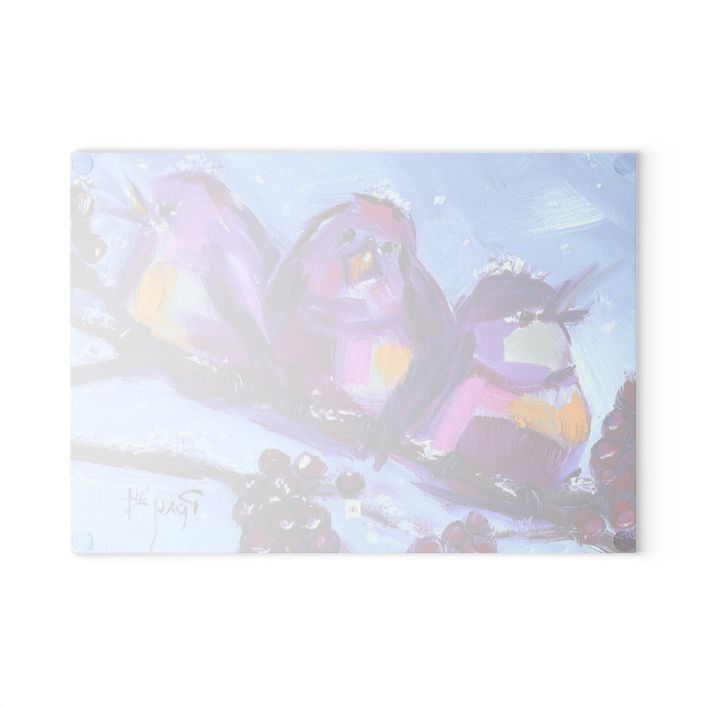 Glass Cutting Board-Whimsical Chirpy Birds Perched on a Snowy Branch with Berries