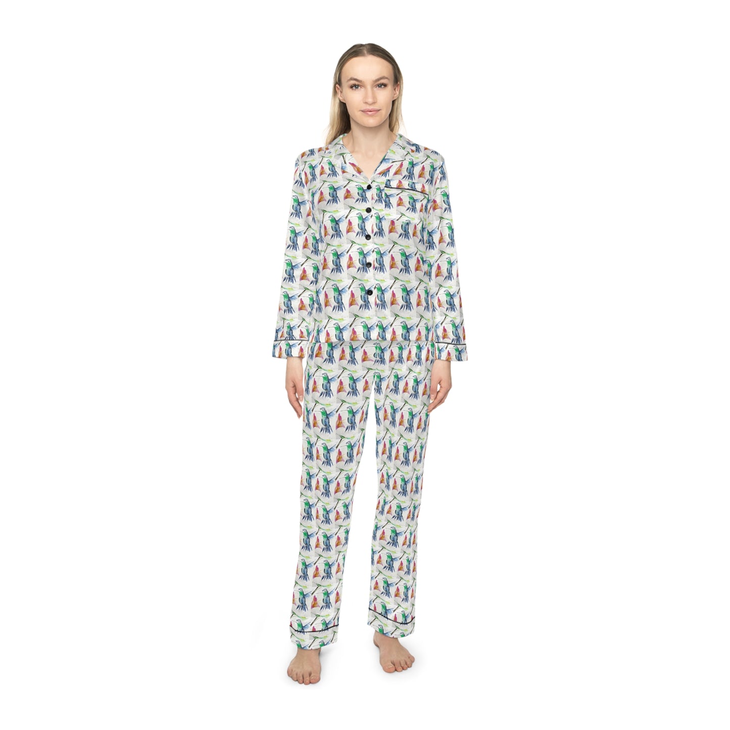 Satin Pajamas — Luxurious Silky Sleepwear Set-Floaty Blue Hummingbird