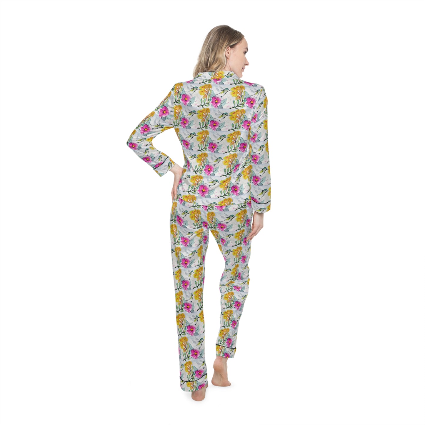 Satin Pajamas — Luxurious Silky Sleepwear Set- Floating Light Hummingbird