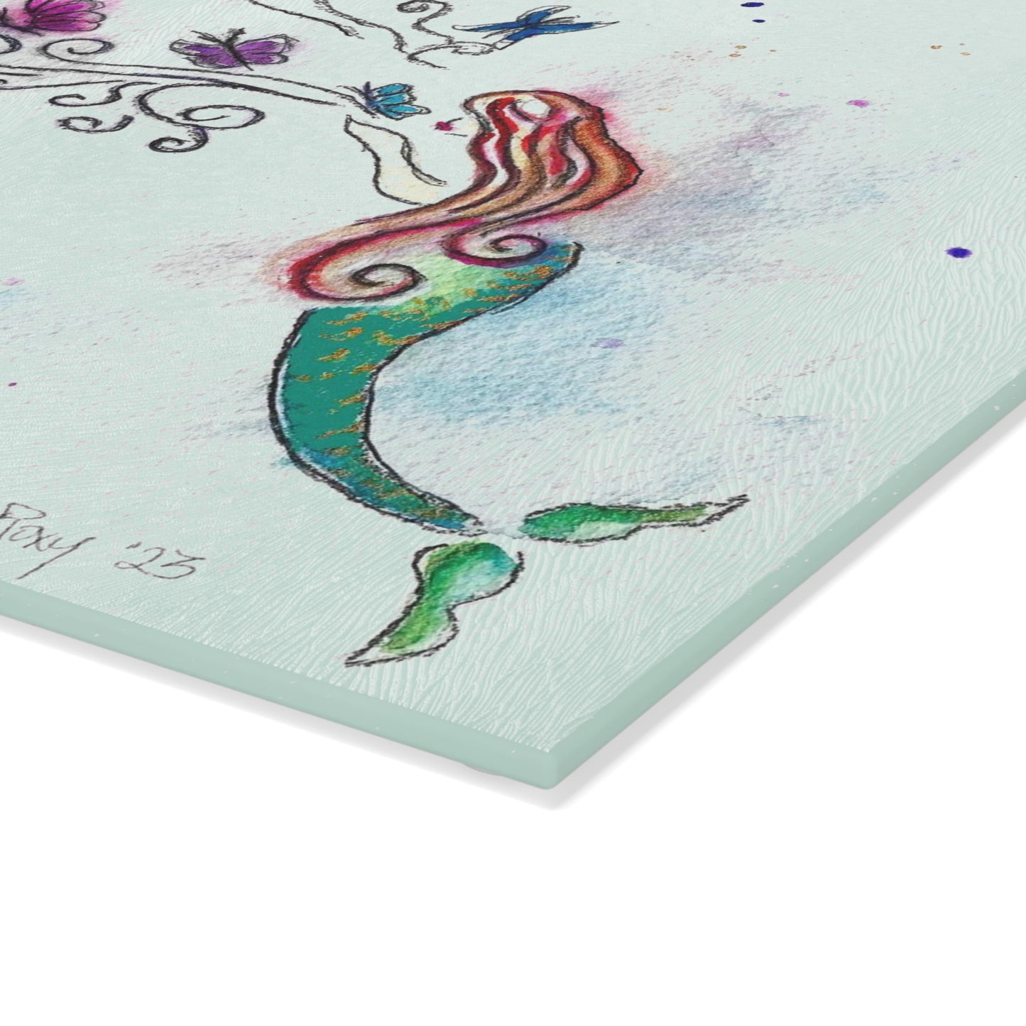 Mermaid Butterfly Kisses Glass Cutting Board