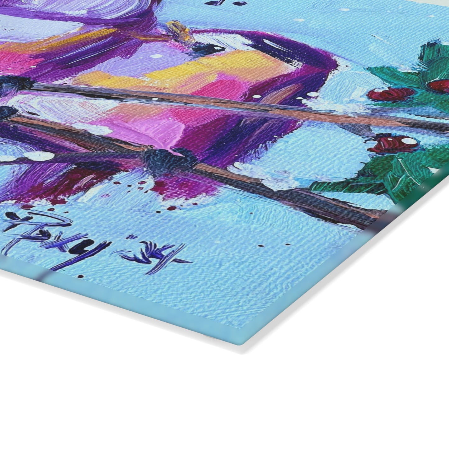 Glass Cutting Board-Fa La La -Whimsical Chirpy Birds Perched on a Snowy Branch with Berries