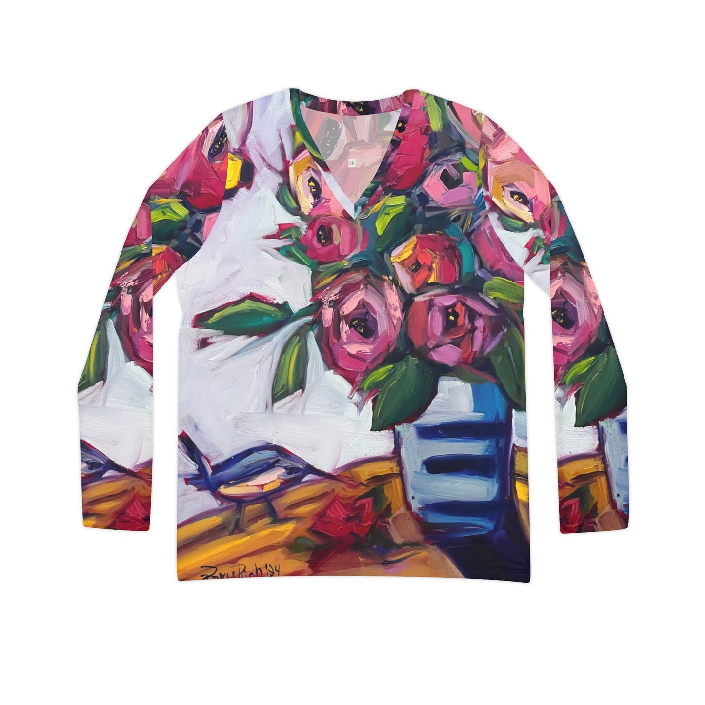 Bee Blooms Bee and Roses- All over Print Women's Long Sleeve V-neck Shirt