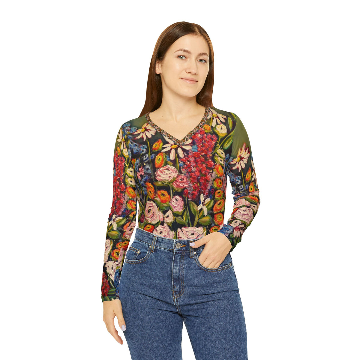 Women's Long Sleeve V-neck Shirt -Moonlight Meadow