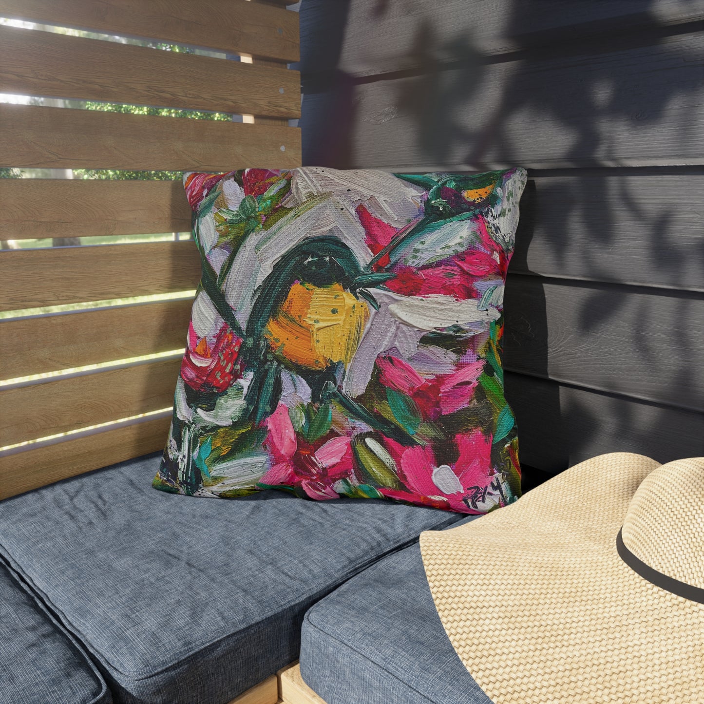 Outdoor Pillows-Colorful Encounter Goldfinch and Hummingbird
