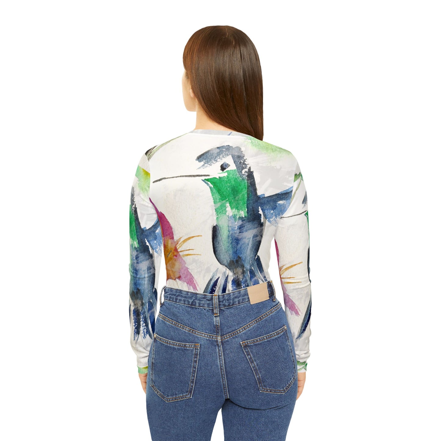 Long Sleeve Shirt-Floaty Blue Hummingbird- V-neck Women's