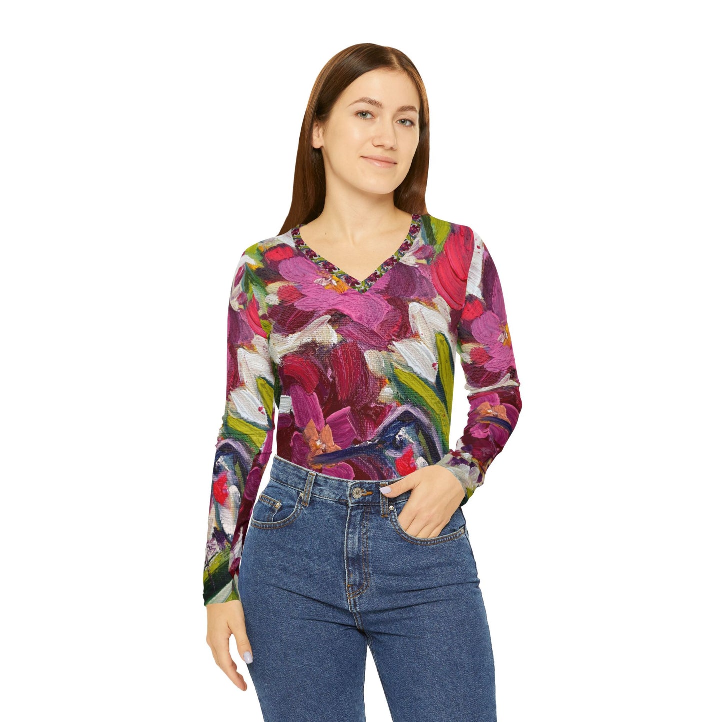 Women's Long Sleeve V-neck Shirt -Fleeting Beauty=Hummingbird with Oleander Blooms