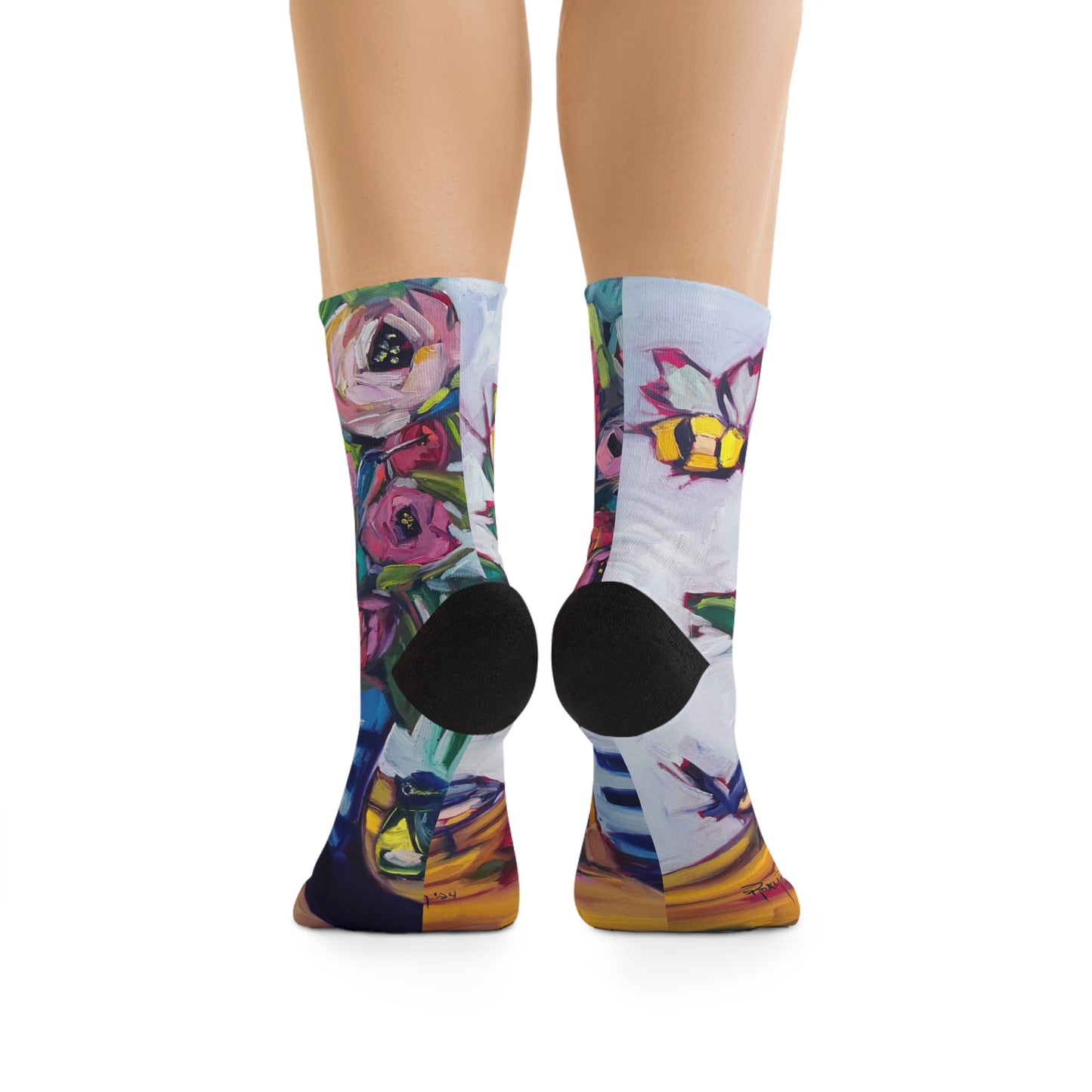 Bee Blooms Bee Roses and Birds Socks Black Socks