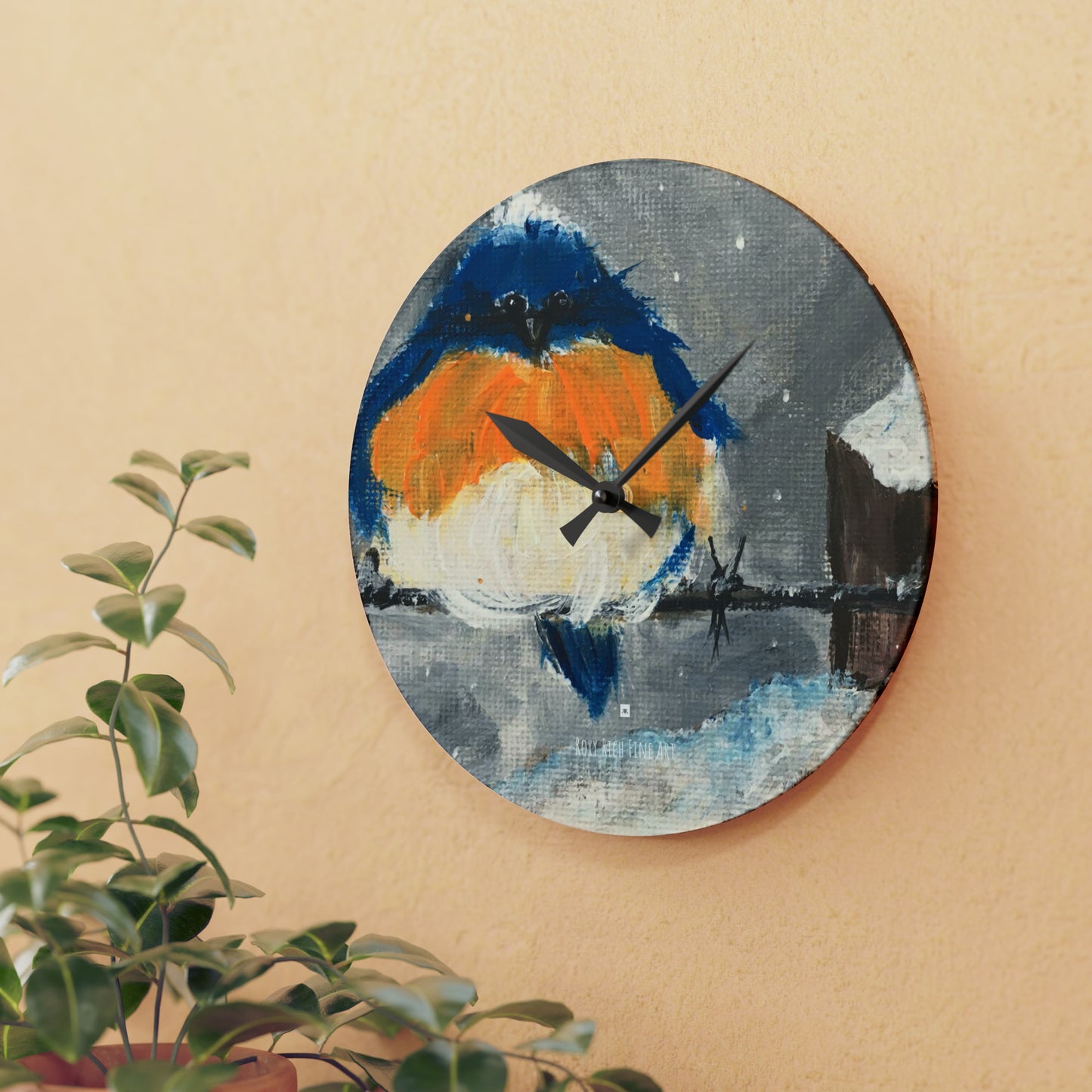 Fluffy Fat Bluebird in Snow Acrylic Wall Clock
