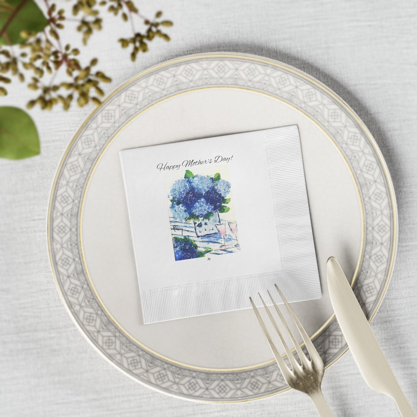 Happy Mother's Day! - Blue Hydrangeas and Champagne-White Coined Napkins