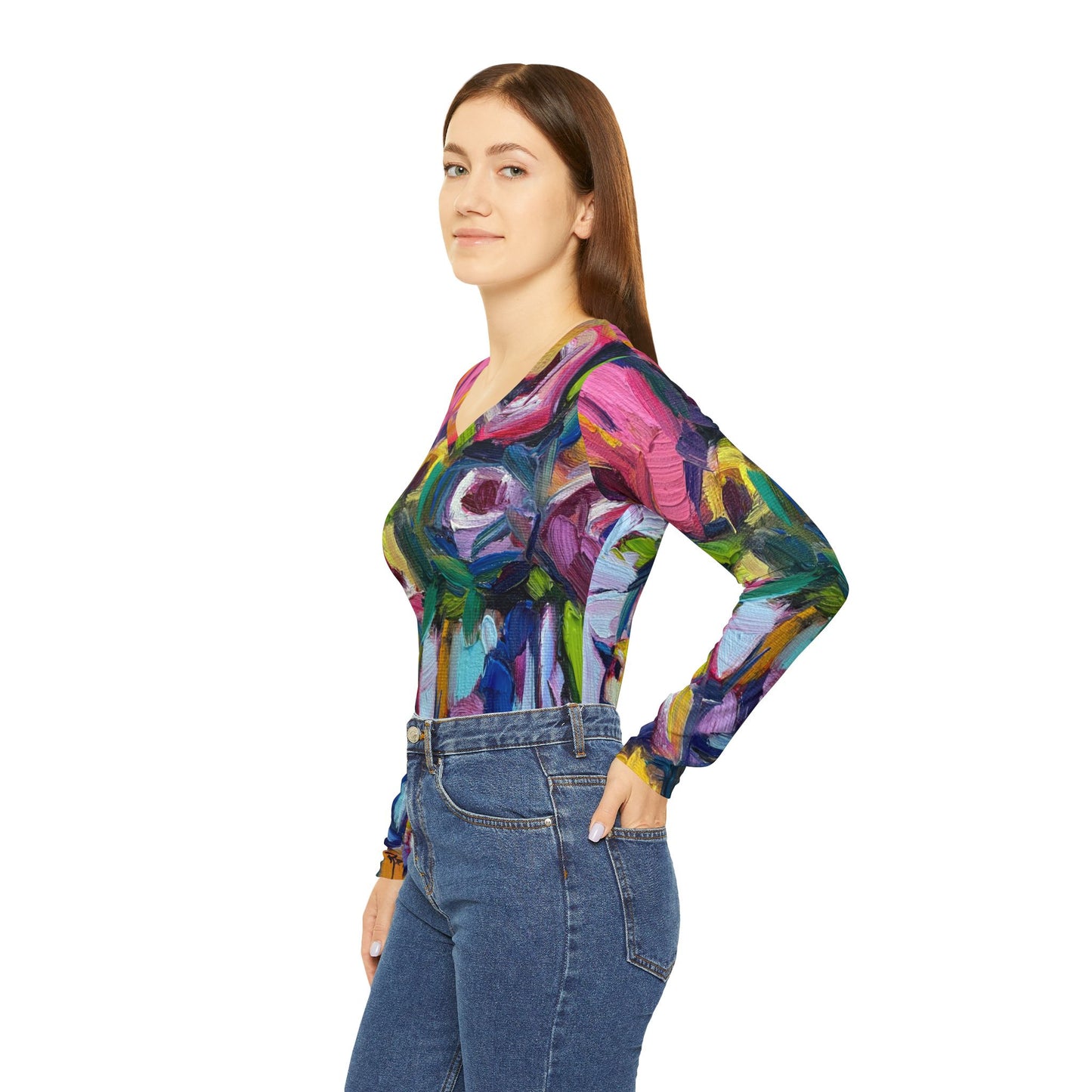 Long Sleeve Shirt-Abstract Roses with Tit Bird- V-neck Women's